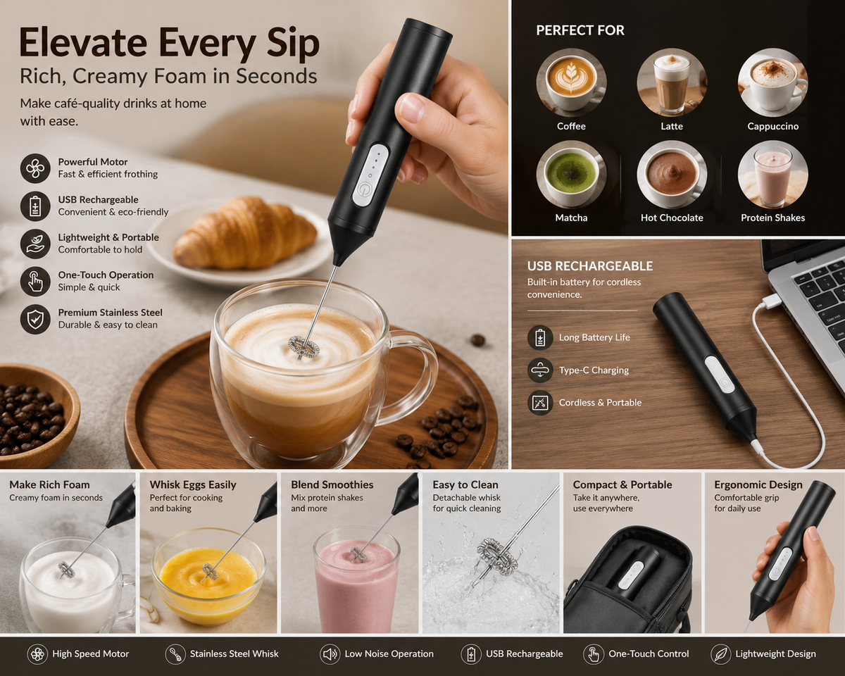 BrewMaster Electric Milk Whisker | USB Rechargeable Frother for Beverages