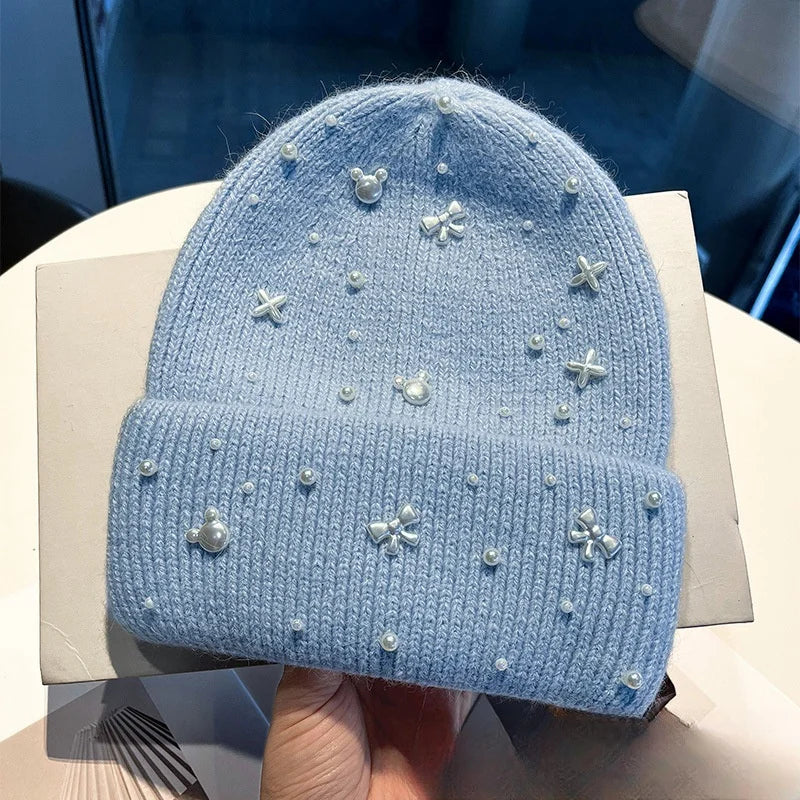 Chic Pearl Detail Knit Beanie for Winter Wear