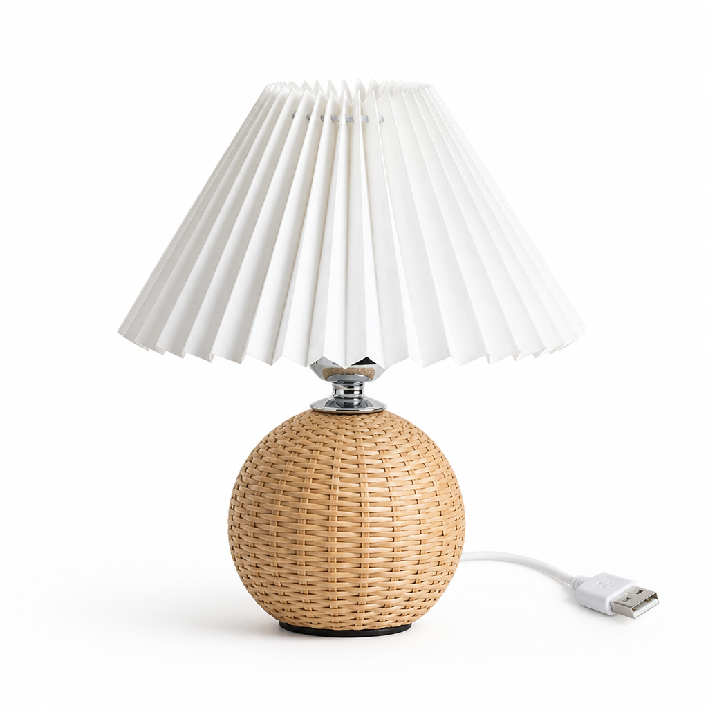 Pleated Fabric Shade & Rattan Base Table Lamp (USB Plug-In)