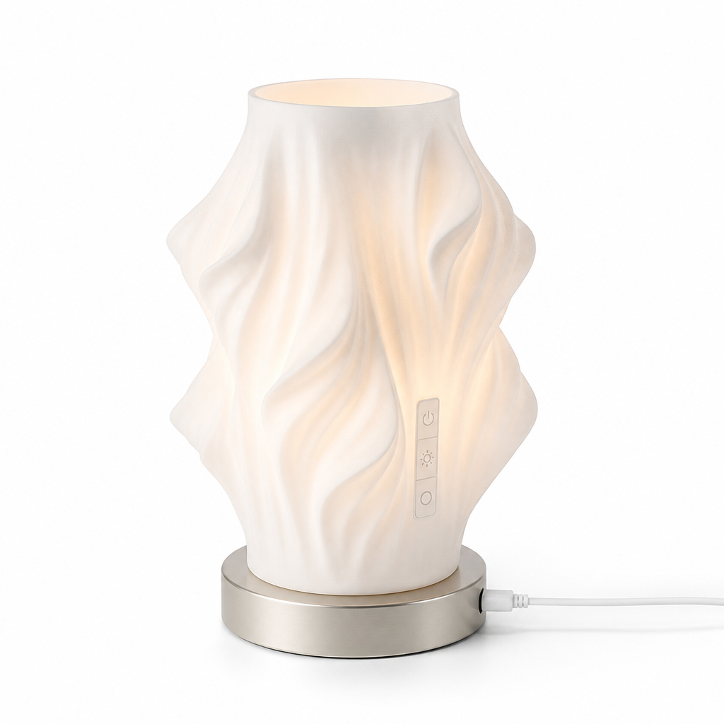 Fabric-Look Wave-Shaped Table Lamp (USB Powered, Touch Dimmer, Metal Base)