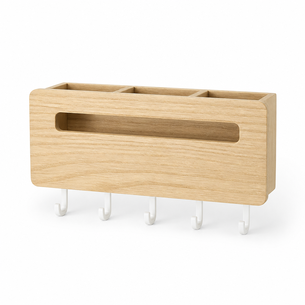 Natural Wood Wall-Mounted Key & Mail Organizer