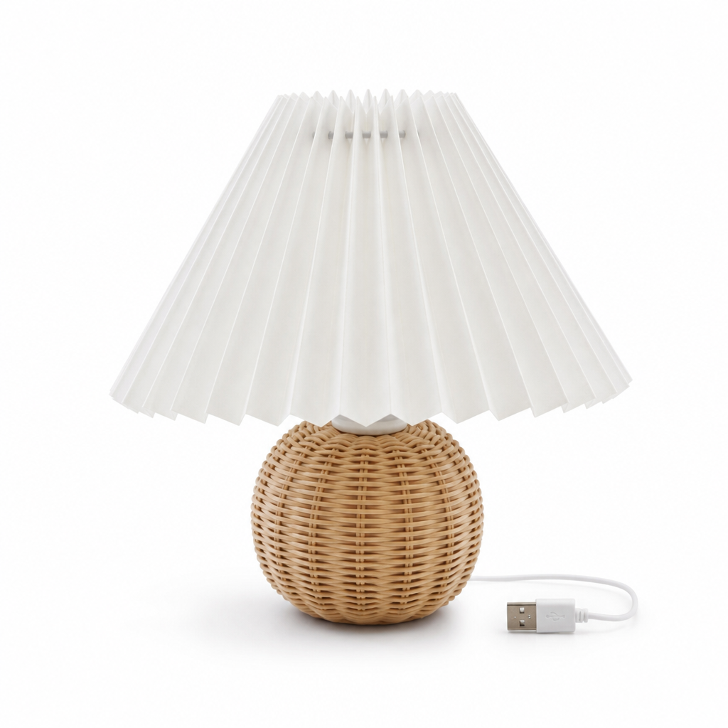 Pleated Fabric Shade & Rattan Base Table Lamp (USB Plug-In)