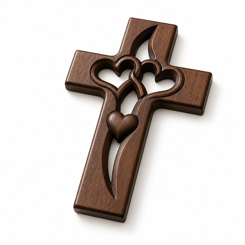 Handcrafted Wood Wall Cross with Intertwined Hearts (Ready-to-Hang)