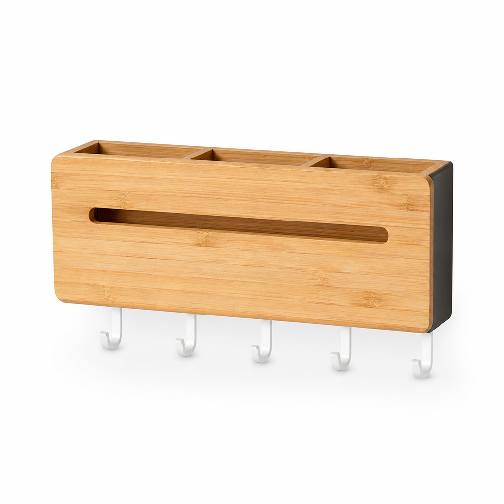 Natural Wood Wall-Mounted Key & Mail Organizer