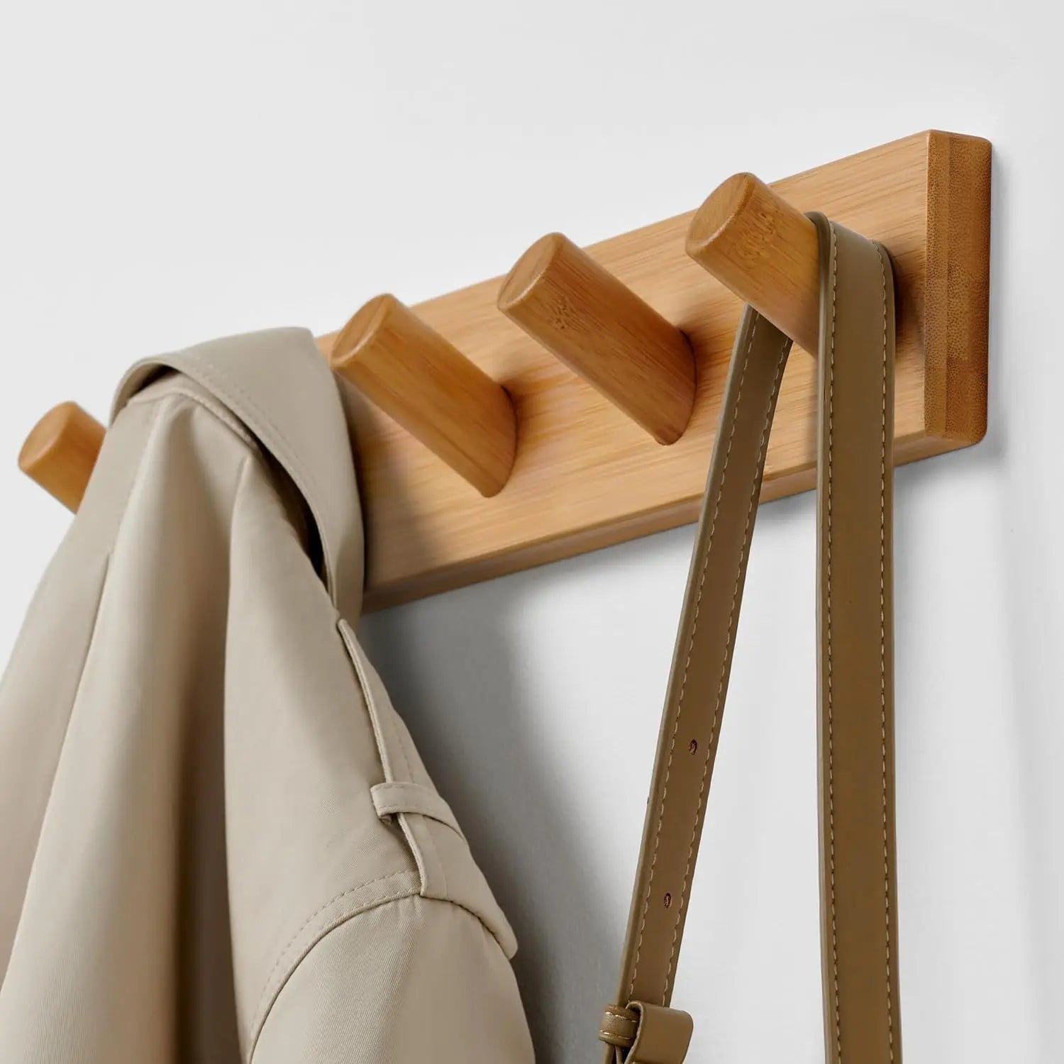 Elegant Wooden Wall-Mounted Hook Rack with Five Robust Hooks