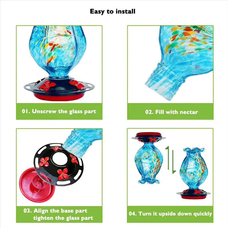 Artisan Glass Hanging Hummingbird Feeder in Ocean Blue