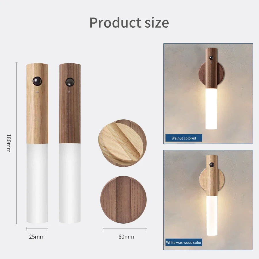 Elegant Wood-Style Motion-Activated Night Light with Magnetic Mount