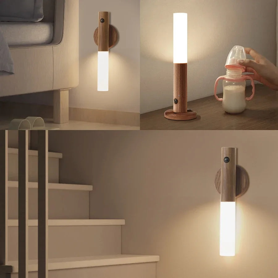Elegant Wood-Style Motion-Activated Night Light with Magnetic Mount