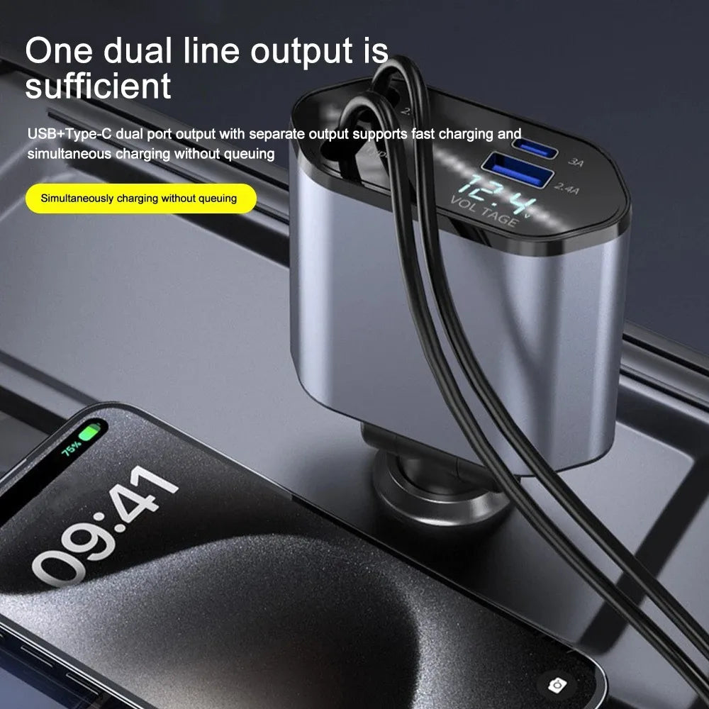 120W Smart Car Charger with Retractable Cables