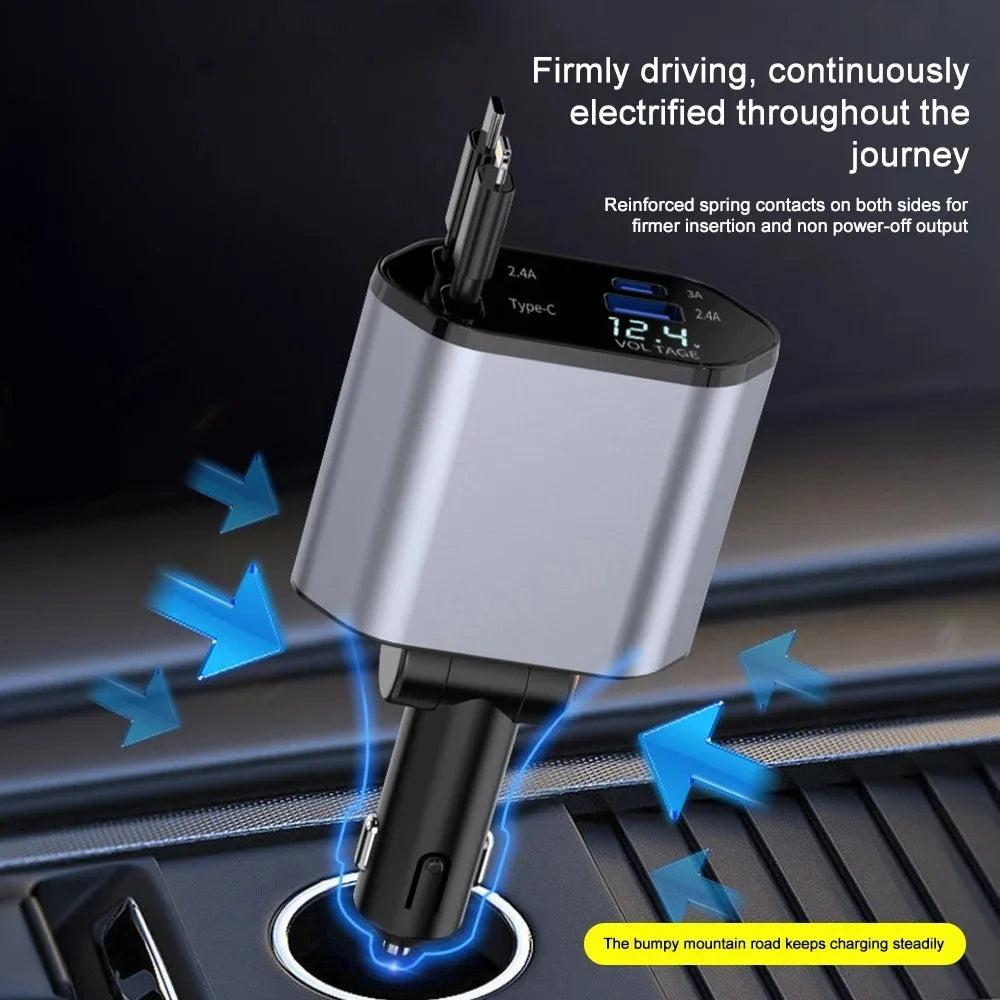 PowerDrive 120W Retractable Vehicle Charger – Compact Fast Charging Adapter