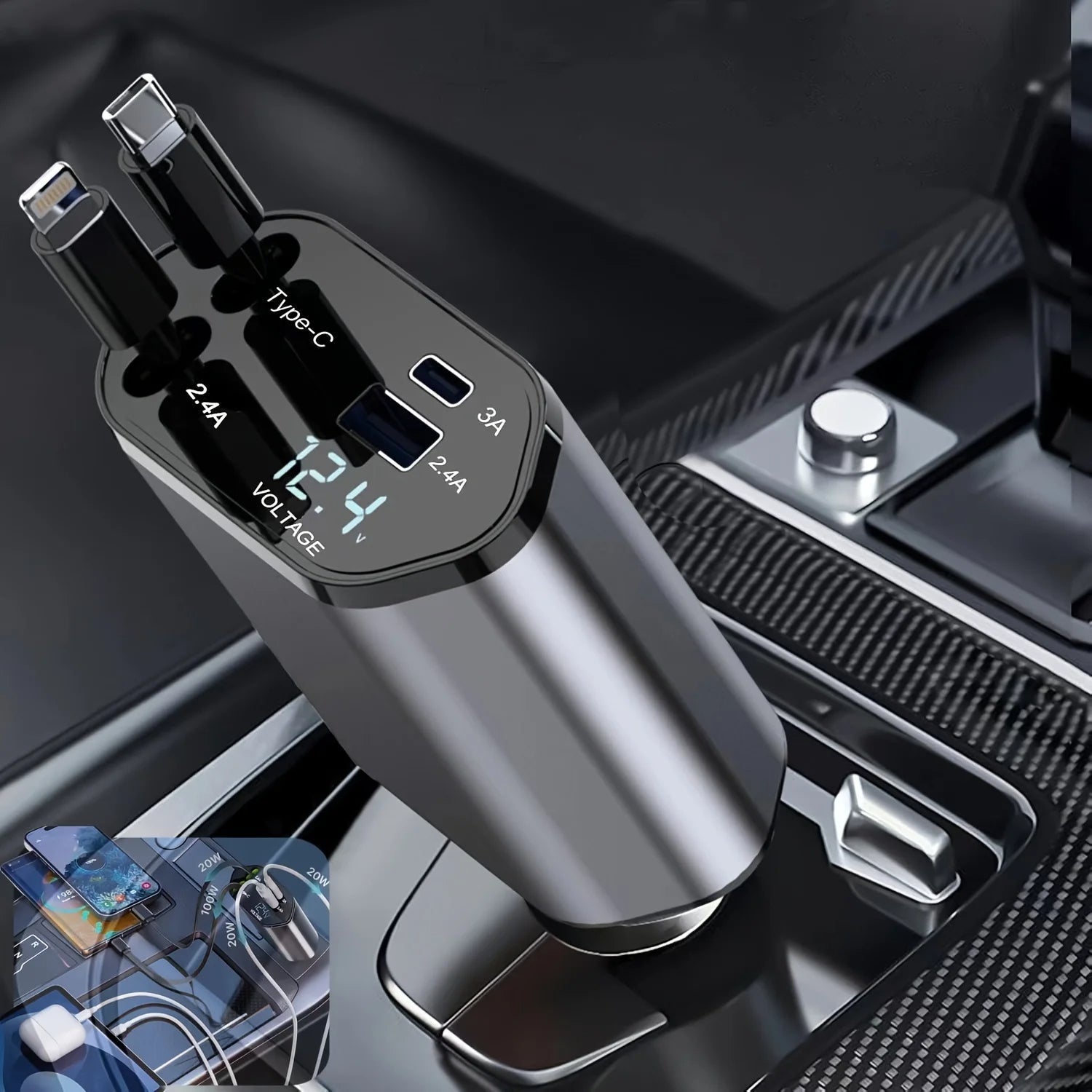 120W Smart Car Charger with Retractable Cables