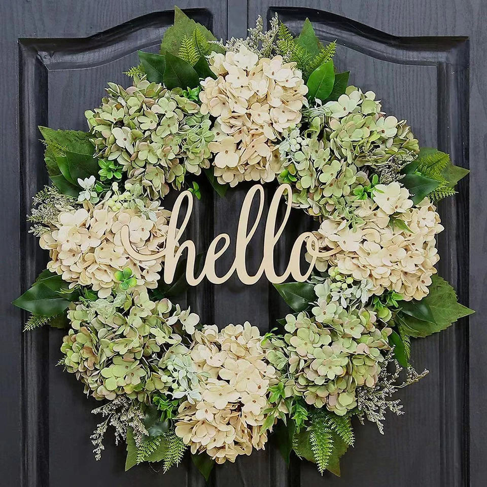Charming Green Floral Wreath with Welcoming Sign
