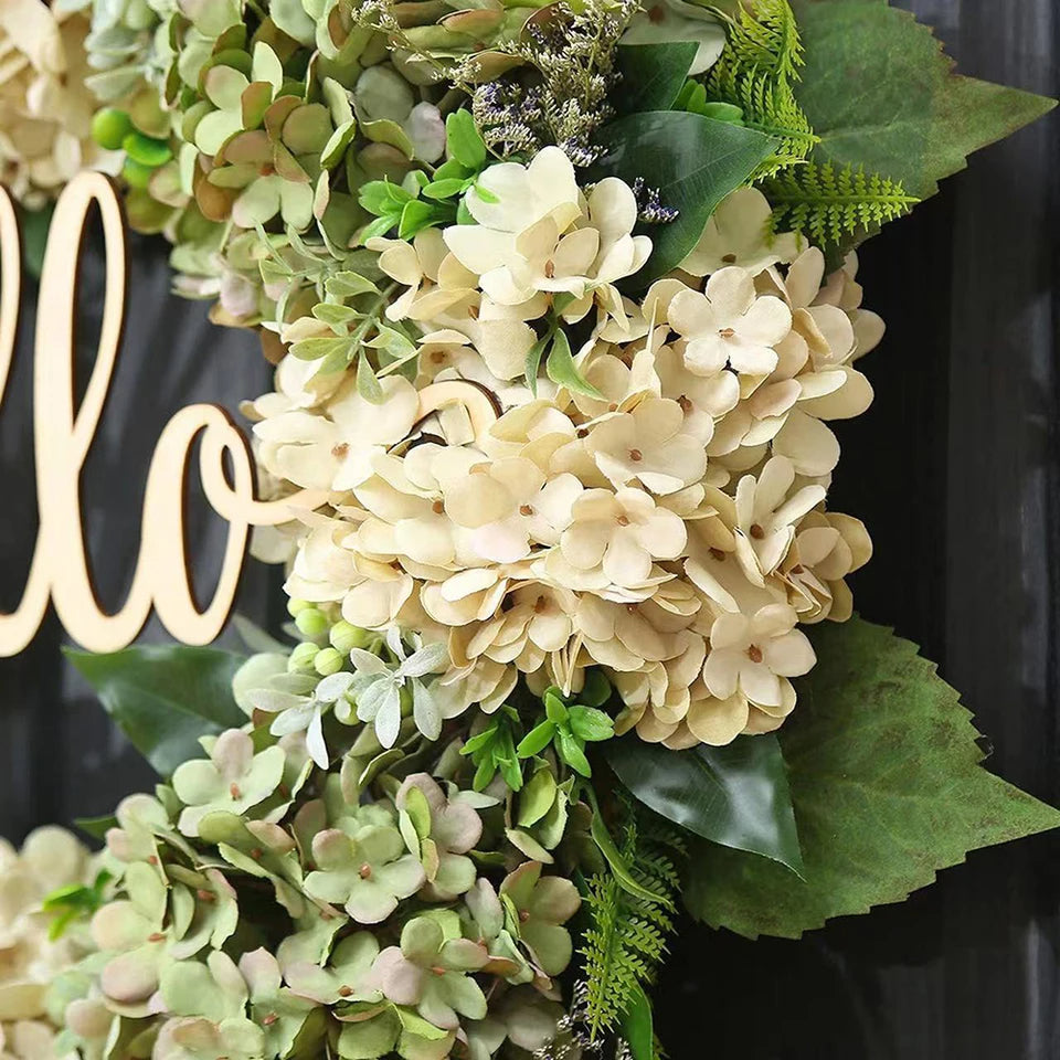 Charming Green Floral Wreath with Welcoming Sign