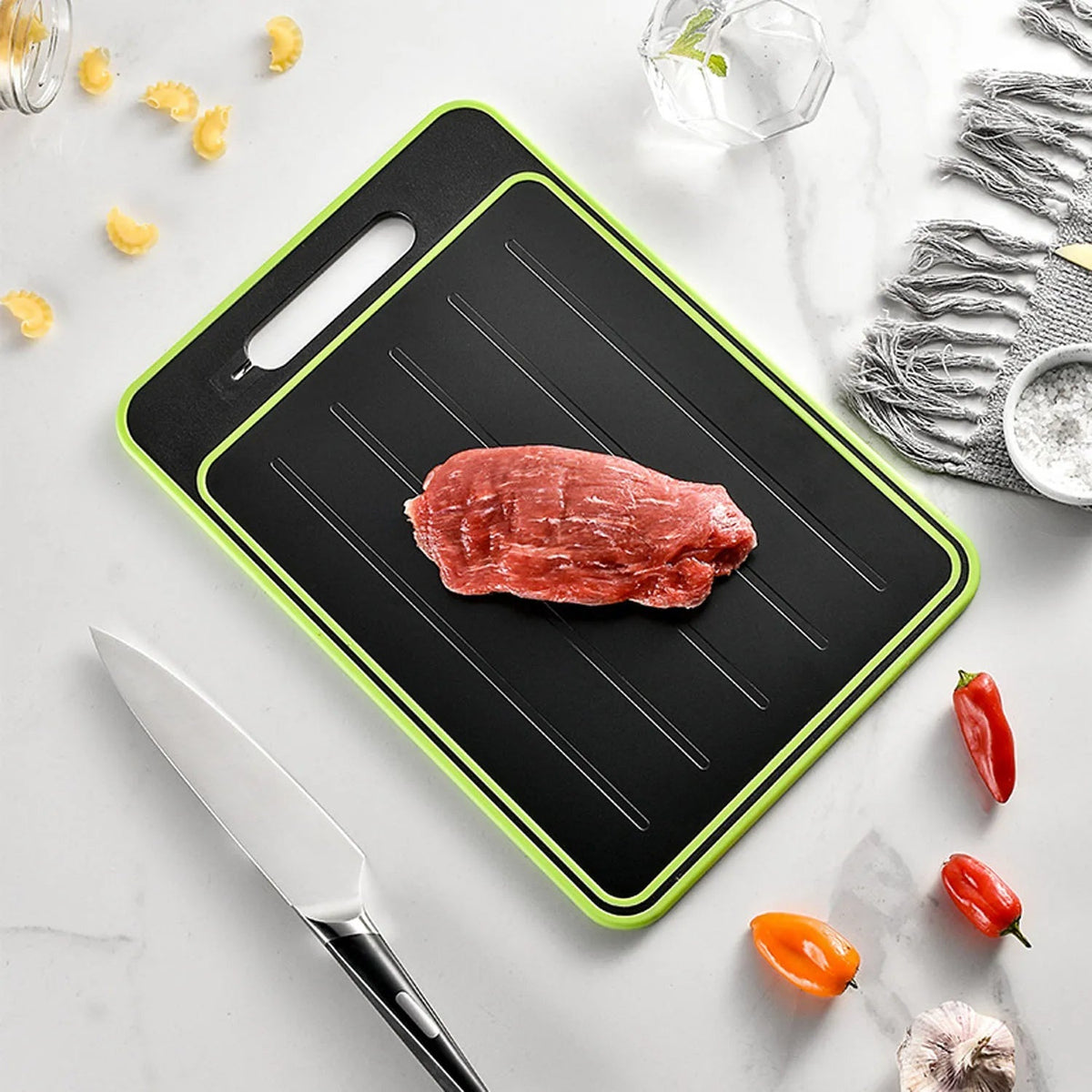 Multi-Function Kitchen Board with Thawing Feature and Sharpener