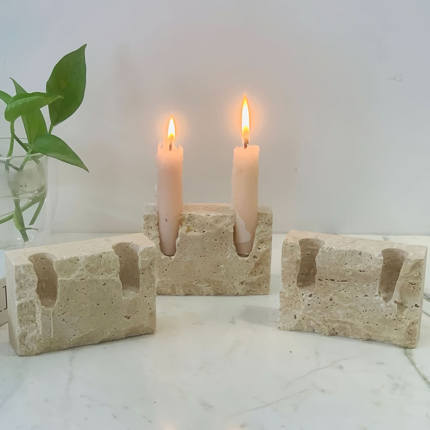 Elegant Dual-Candle Marble Inspired Centerpiece