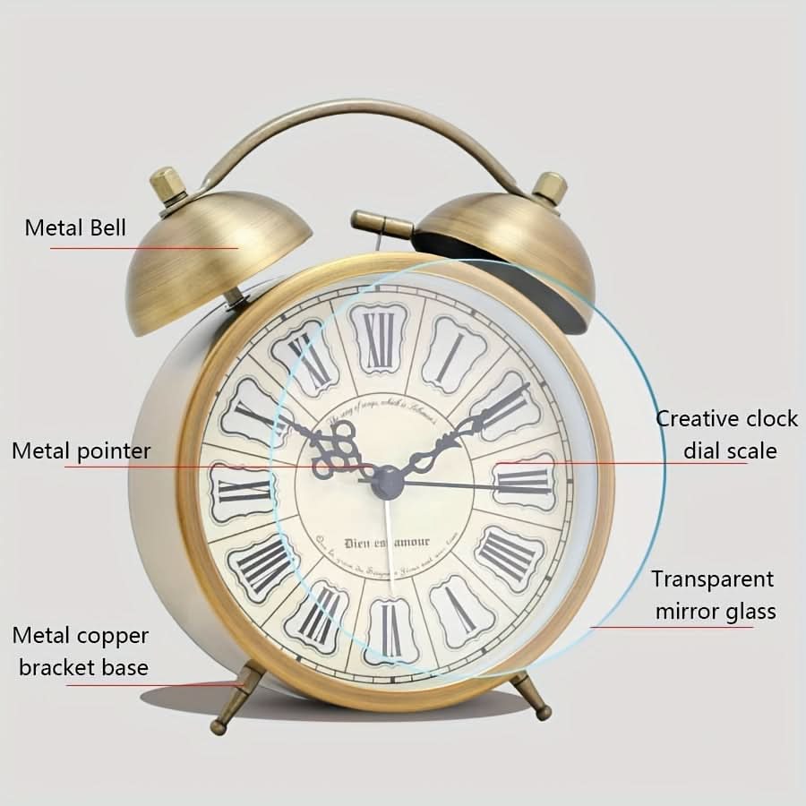 Nordic Charm - Vintage Twin Bell Alarm Clock with Glow-In-The-Dark Hands