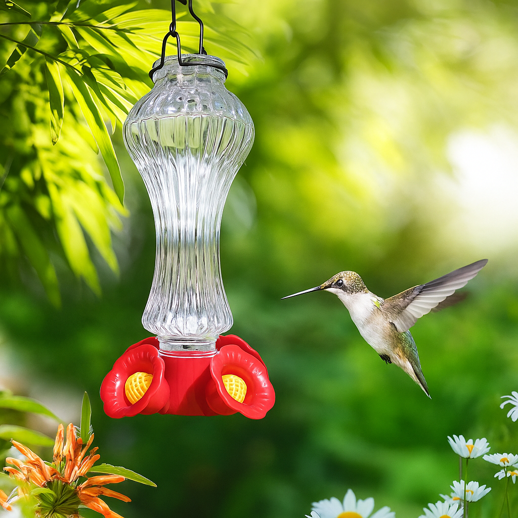Vibrant Glass Hummingbird Feeder with Ant Barrier