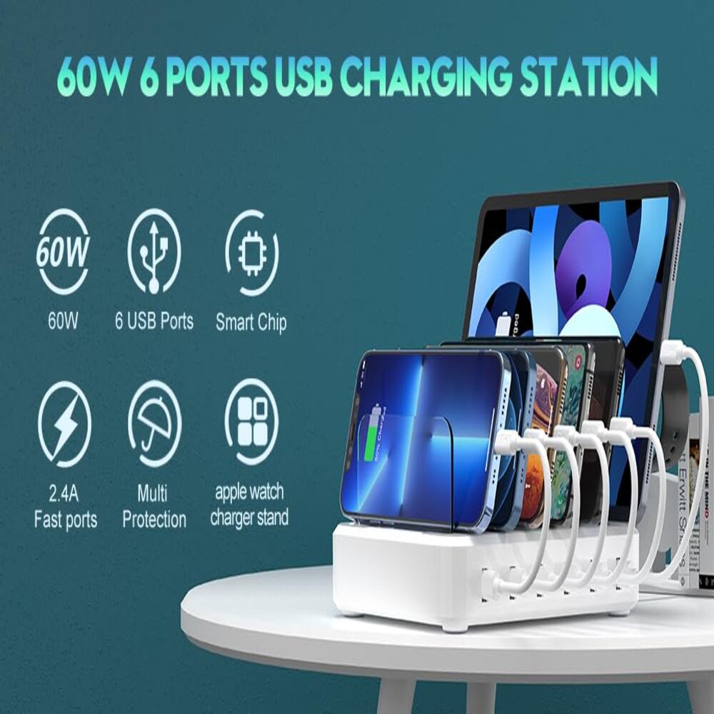PowerHub 6-Port USB Charging Dock – 60W Multi-Device Organizer