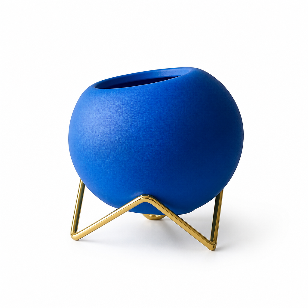Vibrant Abstract Ceramic Planter Pot With Galvanized Steel Stand