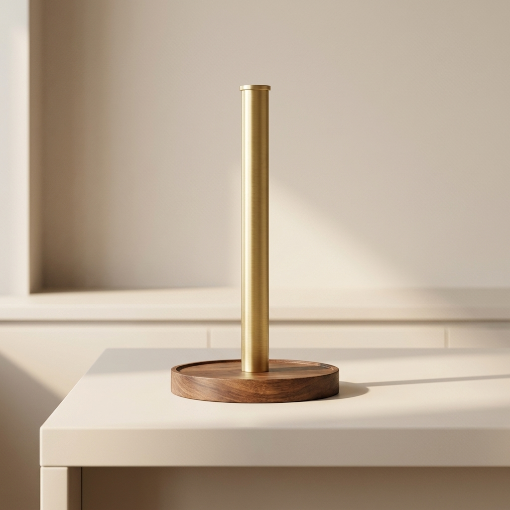 Elegant Paper Towel Stand with Walnut Base and Metal Pole