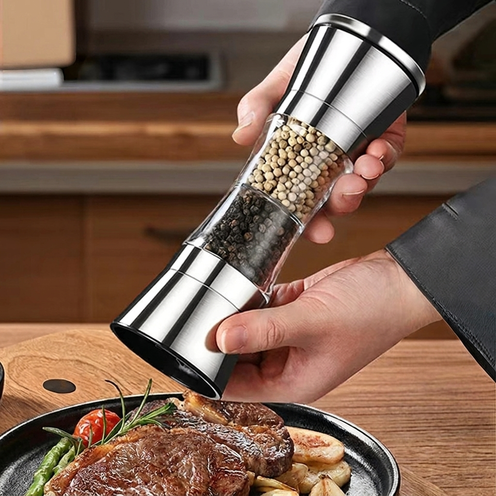 Dual-Function Stainless Steel Spice Dispenser with Adjustable Grind