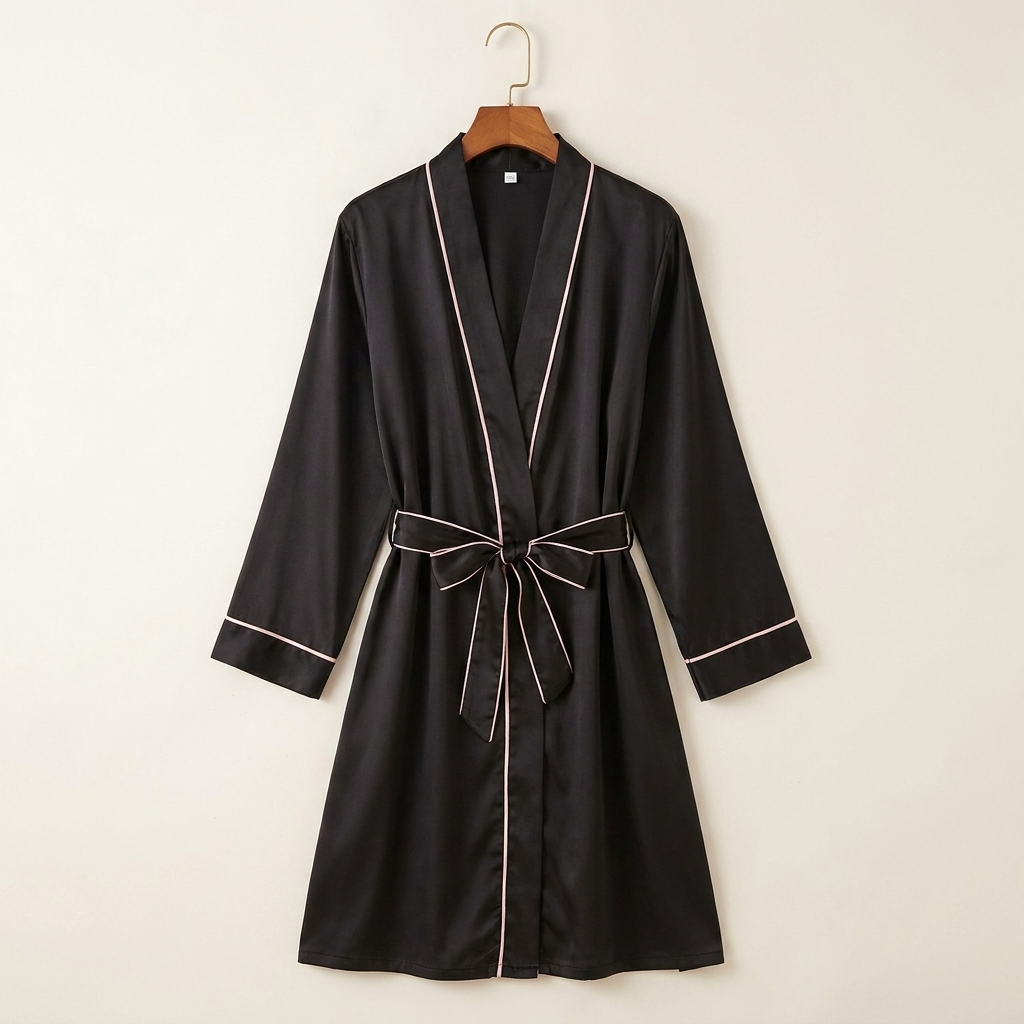 Elegant Satin Knee-Length Robe with Pink Accents