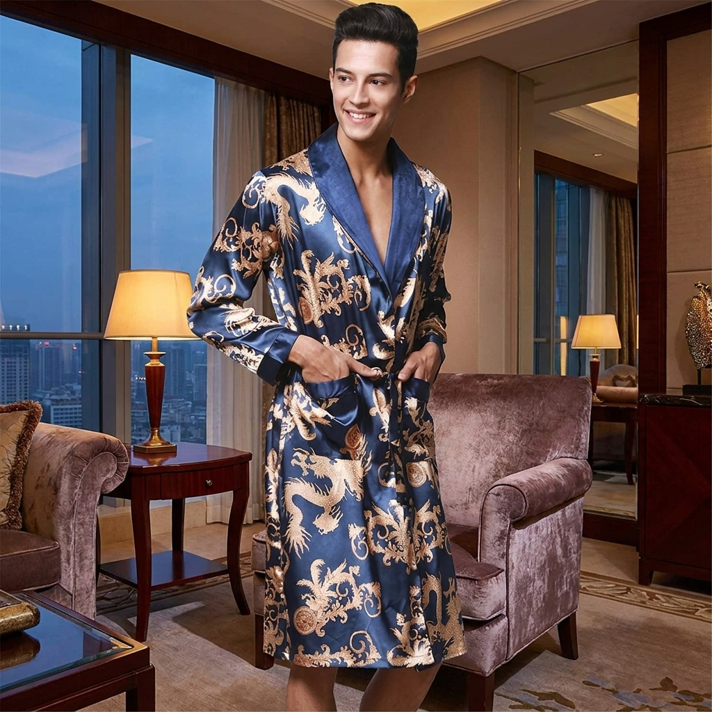 Men's Luxe Comfort Robe - Knee-Length Navy Elegance