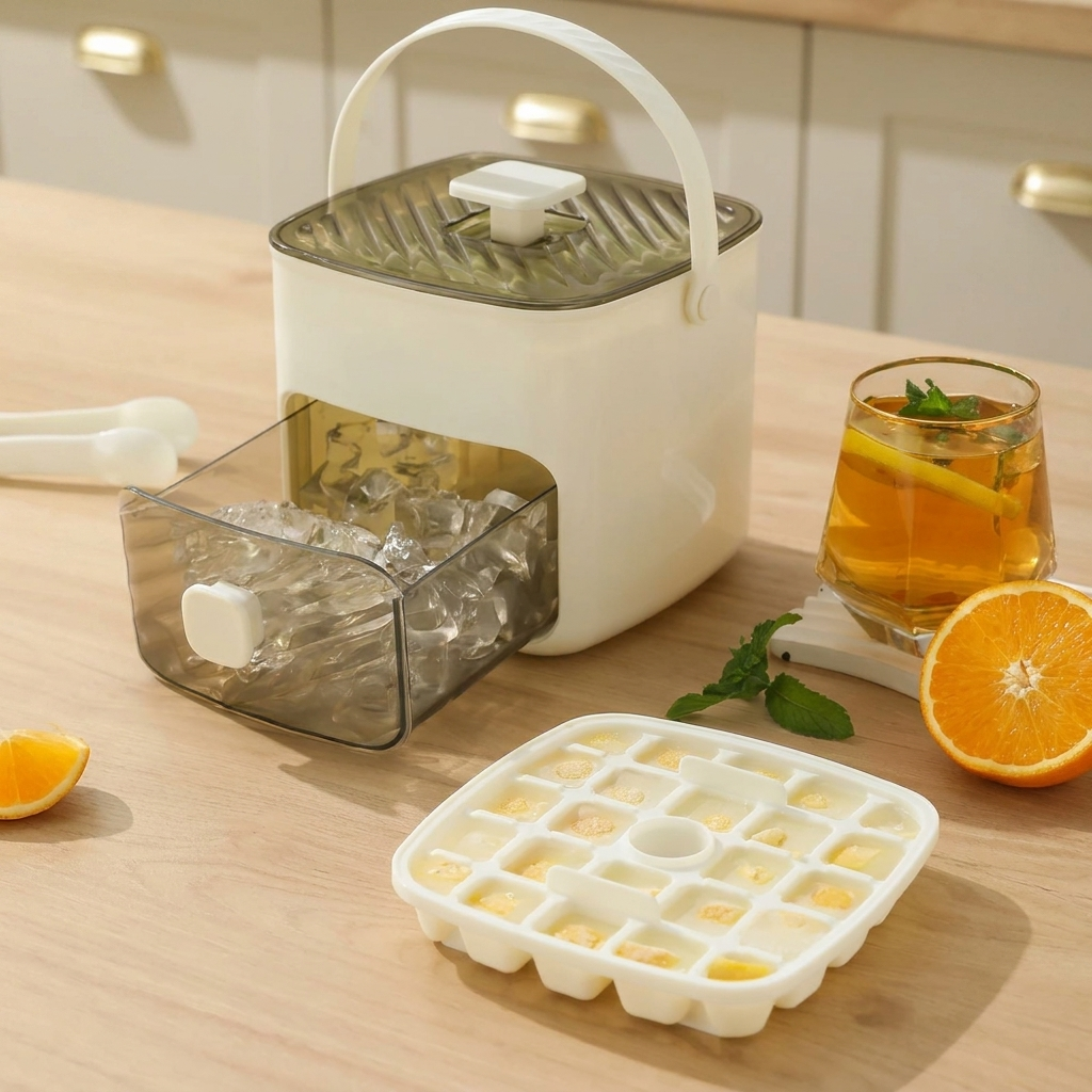 Portable Manual Ice Cube Maker with Built-In Storage Bin