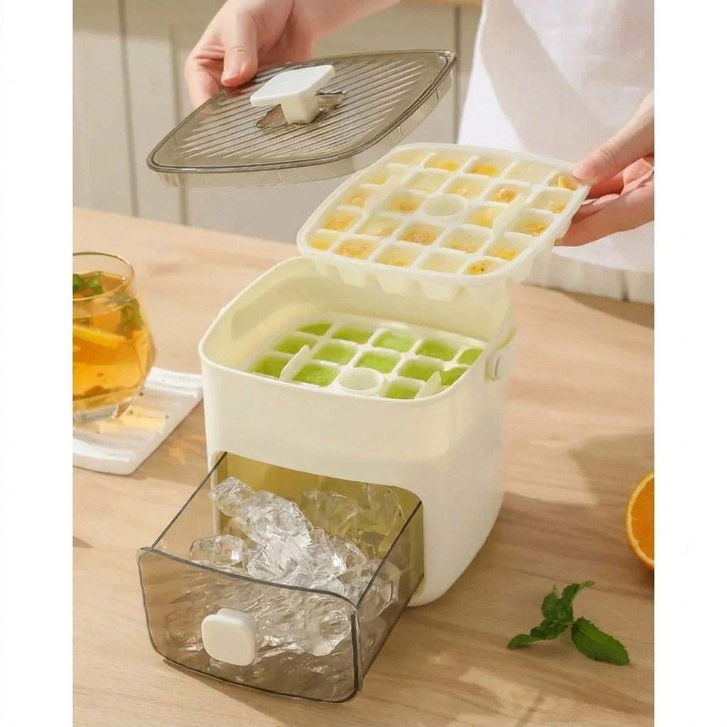 Portable Manual Ice Cube Maker with Built-In Storage Bin