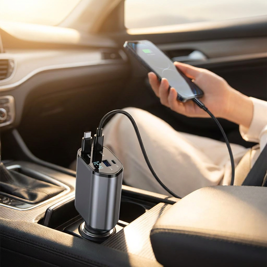 PowerDrive 120W Retractable Vehicle Charger – Compact Fast Charging Adapter