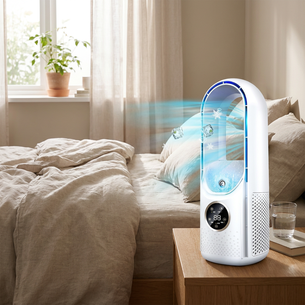 BreezeBuddy Compact Personal Air Chiller – Quiet, Blade-Free Fan for Desk Use