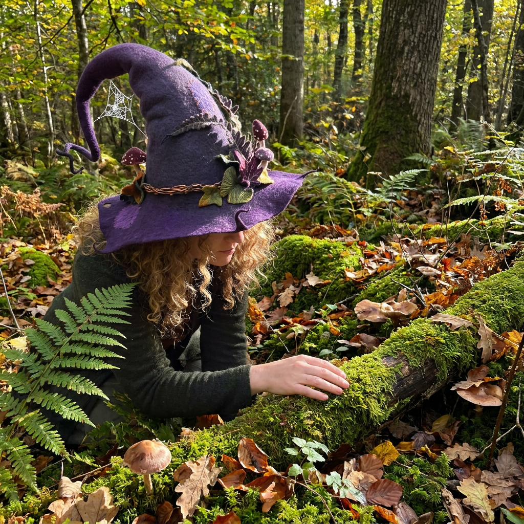 Magical Elegance: Artisan Wool Witch Hat with Chiffon Touches