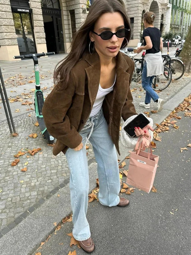 Chic Women's Long Sleeve Suede Jacket with Pockets
