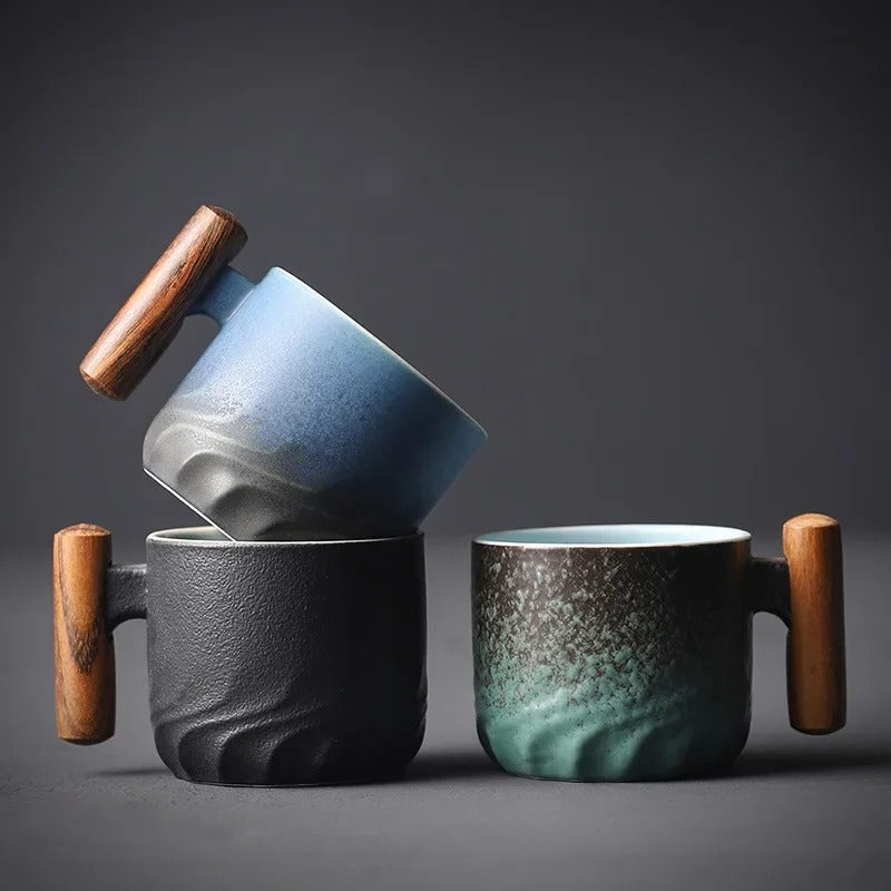 Charming Espresso Mugs with Natural Wooden Handle
