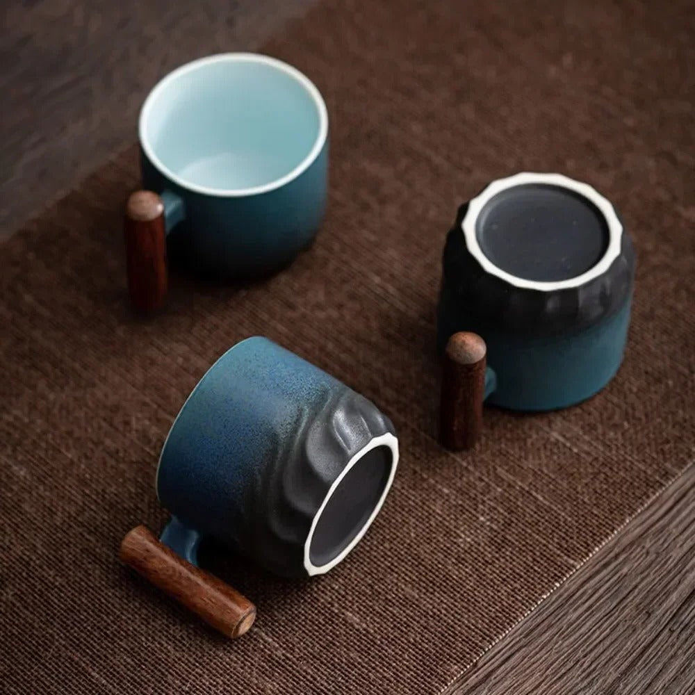 Charming Espresso Mugs with Natural Wooden Handle
