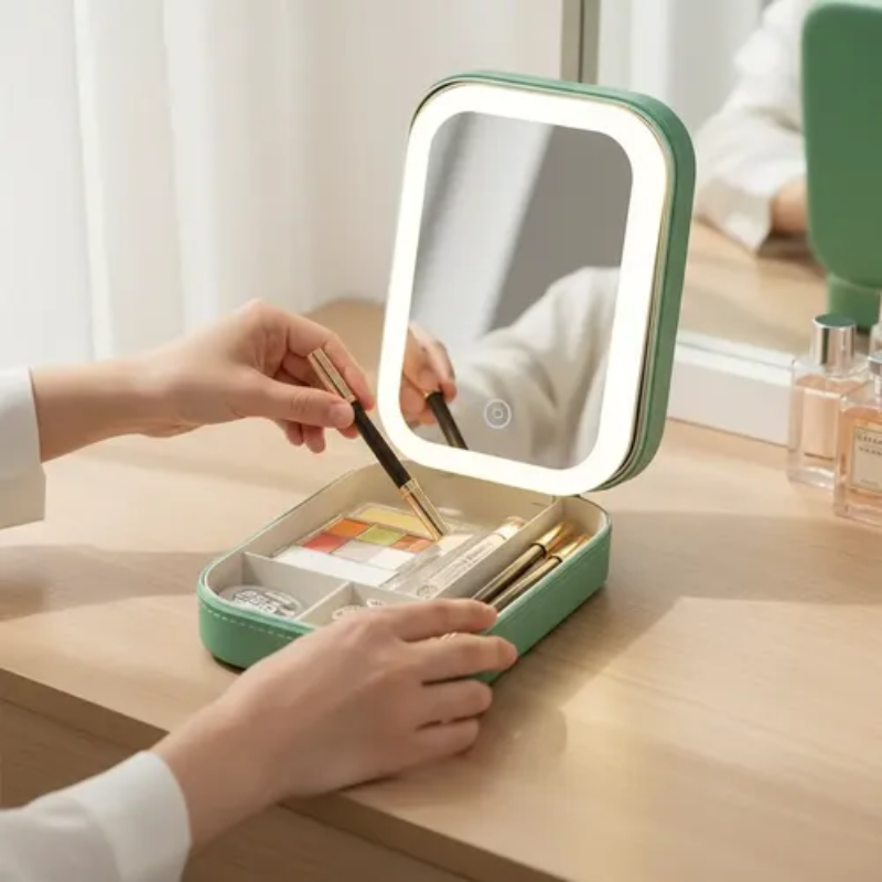 Portable Makeup Organizer with Adjustable LED Mirror