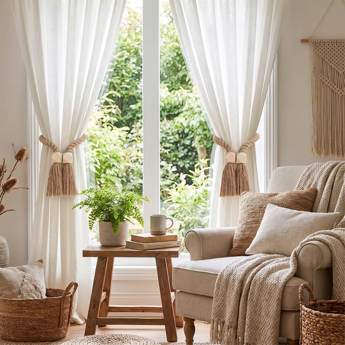 Elegant Curtain Holdbacks with Natural Wooden Accents