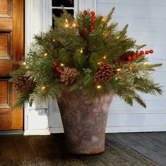 Lifelike Pre-Lit Holiday Urn Filler with Timer and LED Lights