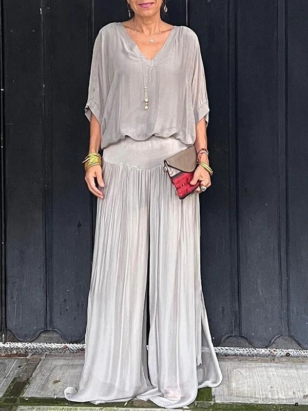 Chic Two-Piece Chiffon Outfit with Flowing Wide-Leg Pants