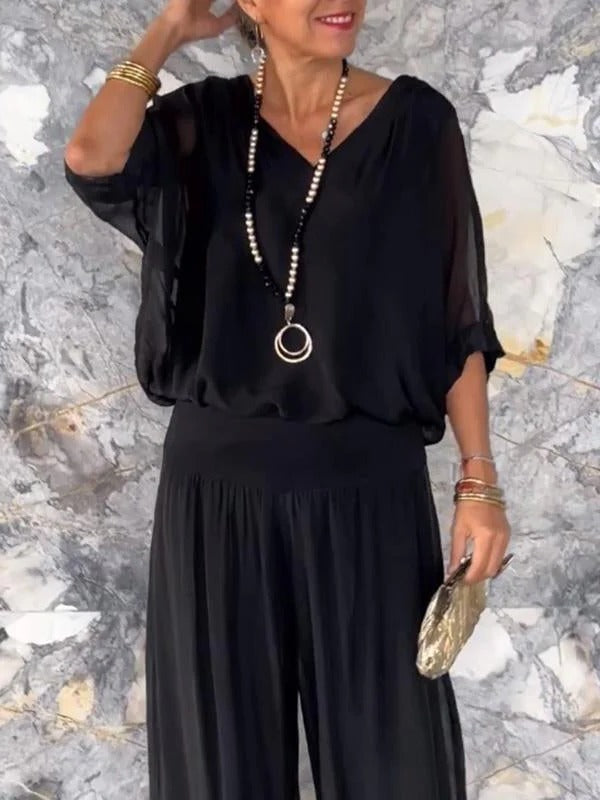 Chic Two-Piece Chiffon Outfit with Flowing Wide-Leg Pants