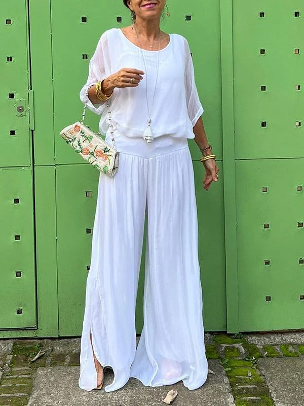 Chic Two-Piece Chiffon Outfit with Flowing Wide-Leg Pants