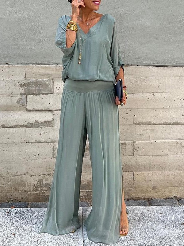 Chic Two-Piece Chiffon Outfit with Flowing Wide-Leg Pants