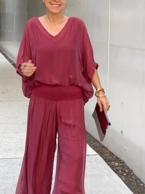 Chic Two-Piece Chiffon Outfit with Flowing Wide-Leg Pants