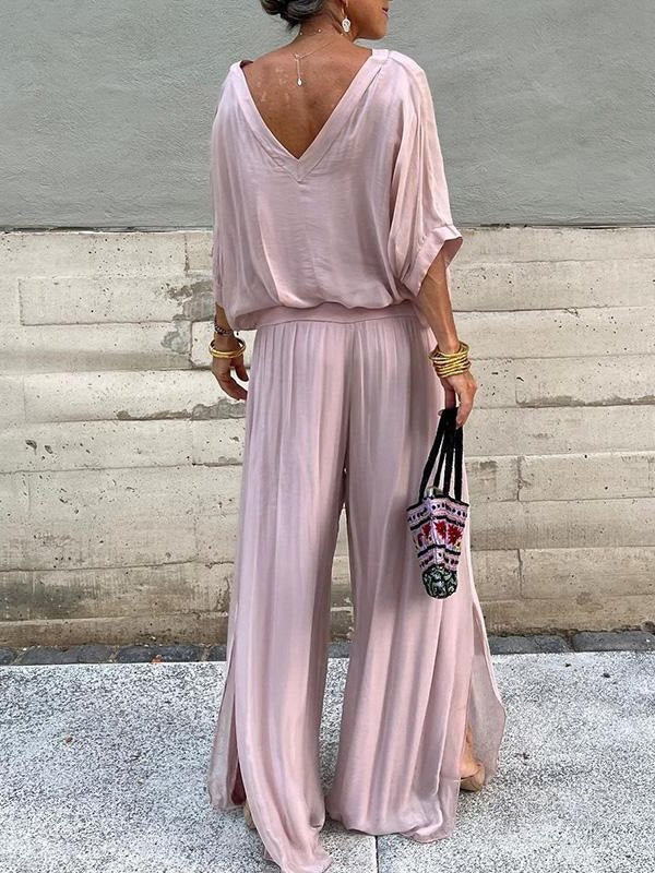 Chic Two-Piece Chiffon Outfit with Flowing Wide-Leg Pants
