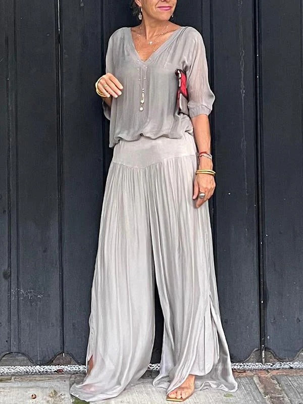 Chic Two-Piece Chiffon Outfit with Flowing Wide-Leg Pants