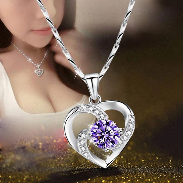 Elegant Silver Heart Pendant Necklace with CZ Crystals