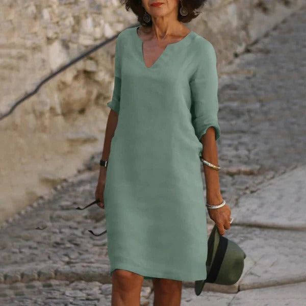 Chic V-Neck Dress with Three-Quarter Sleeves
