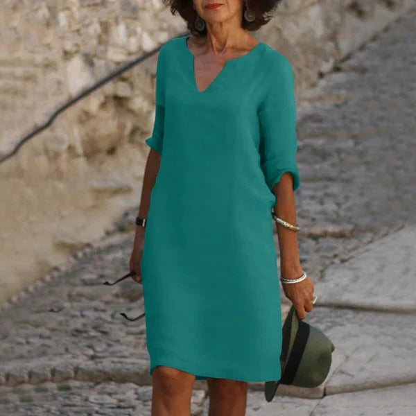 Chic V-Neck Dress with Three-Quarter Sleeves
