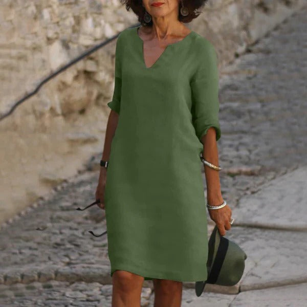 Chic V-Neck Dress with Three-Quarter Sleeves