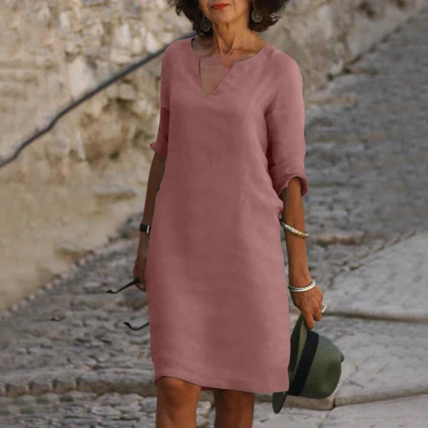 Chic V-Neck Dress with Three-Quarter Sleeves